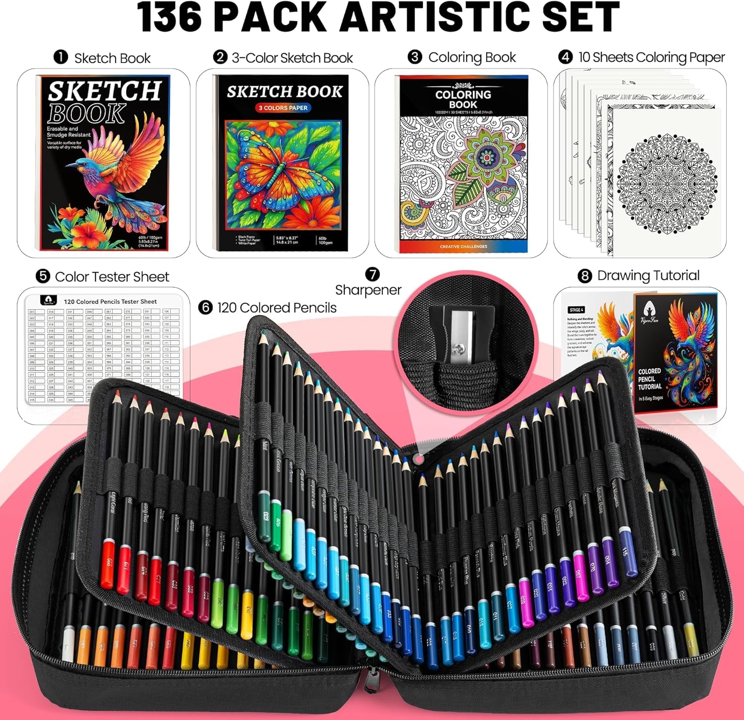 136 PCS Colored Pencils Set for Adult Coloring Books, 120 Colored Pencils with Sketchbook, Coloring Book, Sharpener, Soft Core Sketching Drawing Pencils, Art Supplies for Adults Artists (Black)