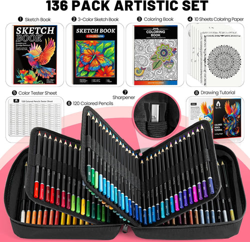 136 PCS Colored Pencils Set for Adult Coloring Books, 120 Colored Pencils with Sketchbook, Coloring Book, Sharpener, Soft Core Sketching Drawing Pencils, Art Supplies for Adults Artists (Black)