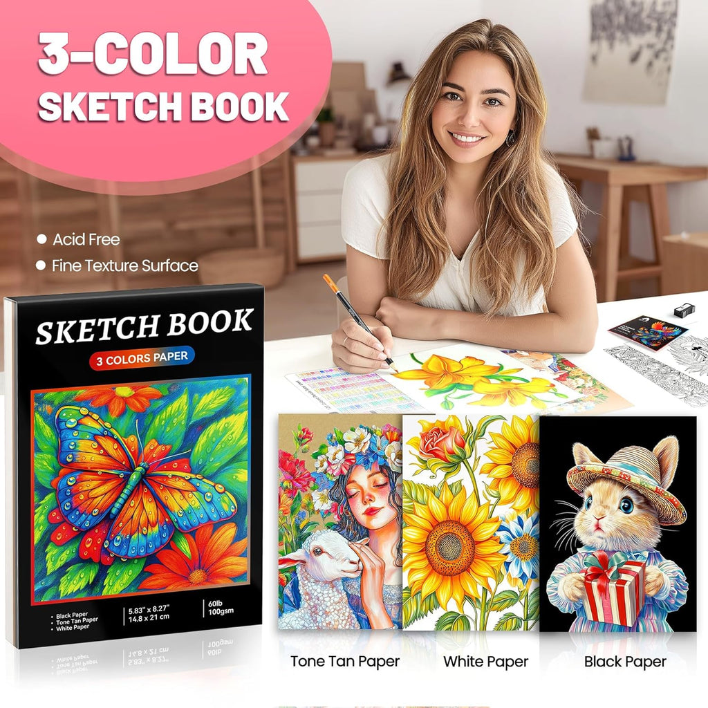 136 PCS Colored Pencils Set for Adult Coloring Books, 120 Colored Pencils with Sketchbook, Coloring Book, Sharpener, Soft Core Sketching Drawing Pencils, Art Supplies for Adults Artists (Black)