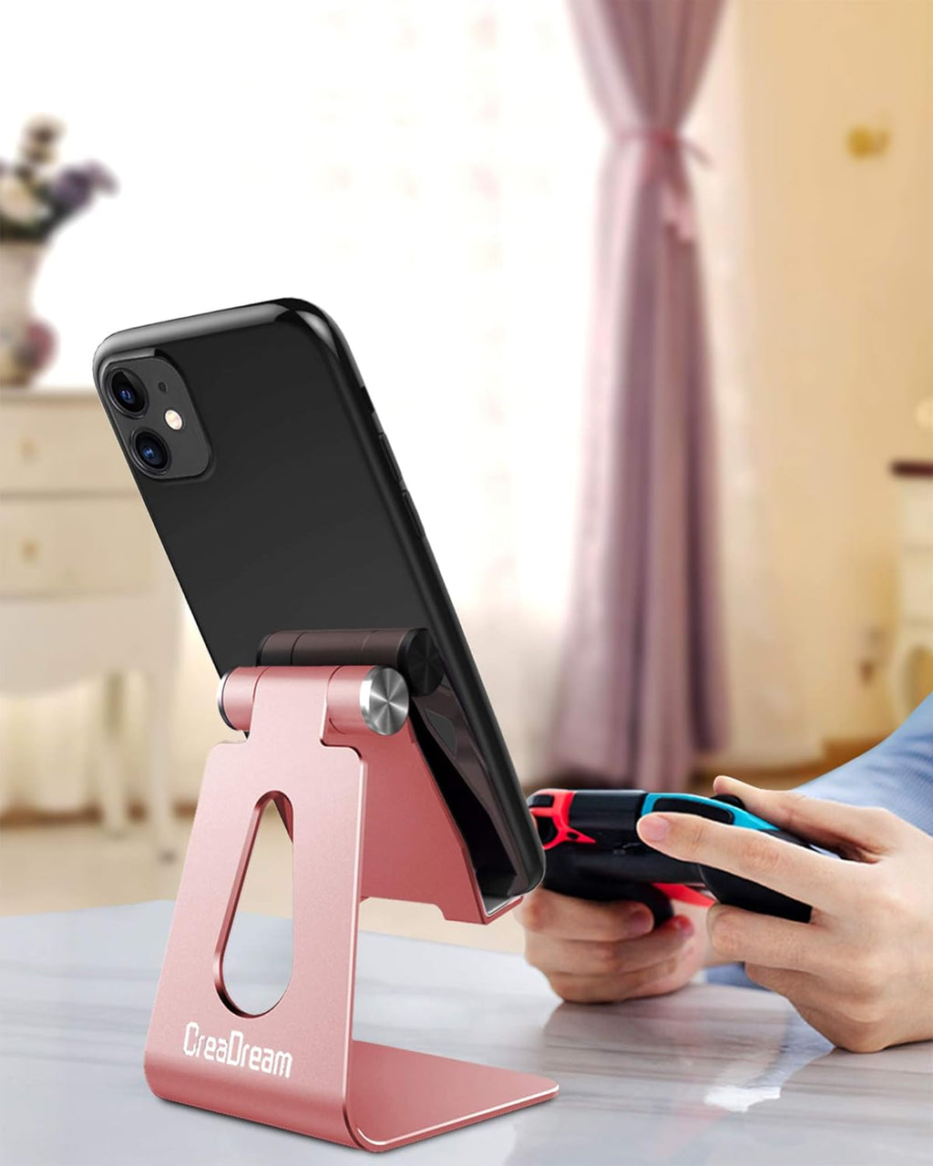 Adjustable Cell Phone Stand, Phone Stand, Cradle, Dock, Holder, Aluminum Desktop Stand Compatible with Phone 16 15 14 13 12 11 Pro Max plus SE, Accessories Desk, All Mobile Phones-Rose Gold