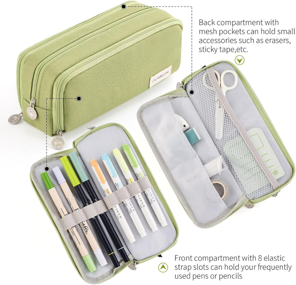 Large Capacity Pencil Case 3 Compartment Pouch Pen Bag for School Teen Girl Boy Men Women (Green)