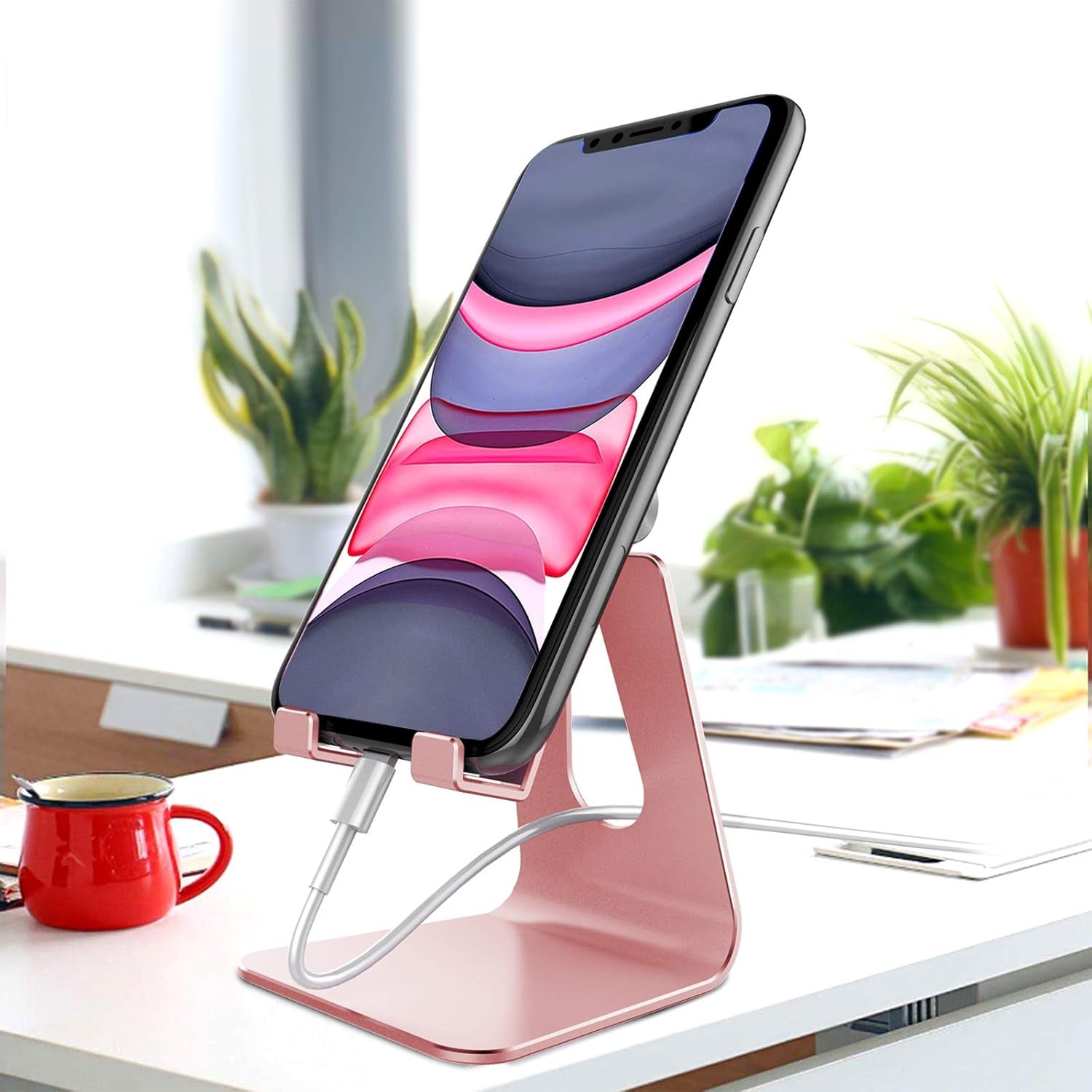 Adjustable Cell Phone Stand, Phone Stand, Cradle, Dock, Holder, Aluminum Desktop Stand Compatible with Phone 16 15 14 13 12 11 Pro Max plus SE, Accessories Desk, All Mobile Phones-Rose Gold